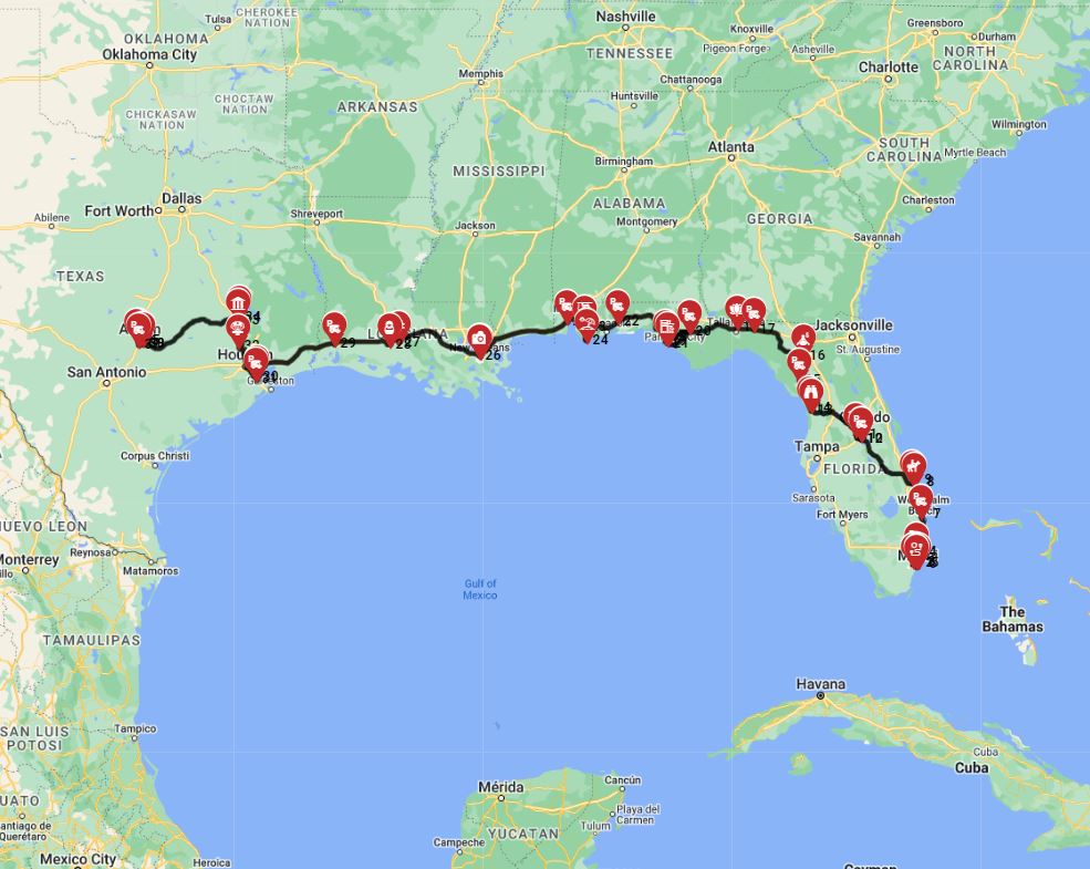 Map for Miami to Austin